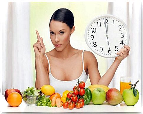 Woman with fruit and vegetables and a clock