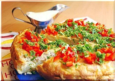 omelette with vegetables on top