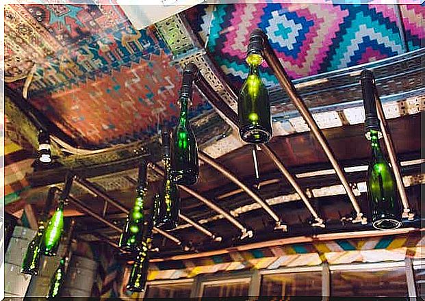 Lampshades made of old green bottles