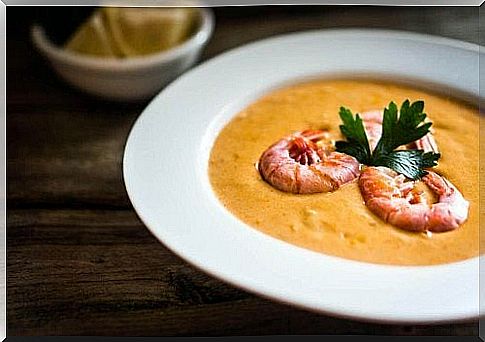 Bowl of soup with seafood